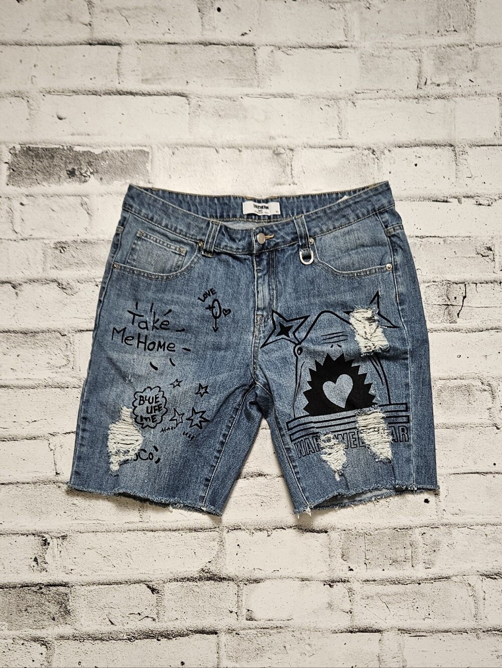 Distressed Graphic Denim Shorts Y2K Streetwear Raw Hem XL